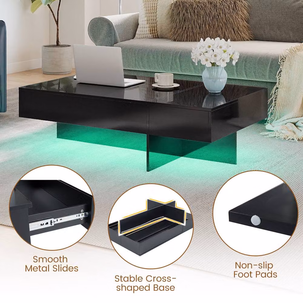 Costway Modern LED Coffee Table with 3 Storage Drawers in Black High-Gloss Finish – 5