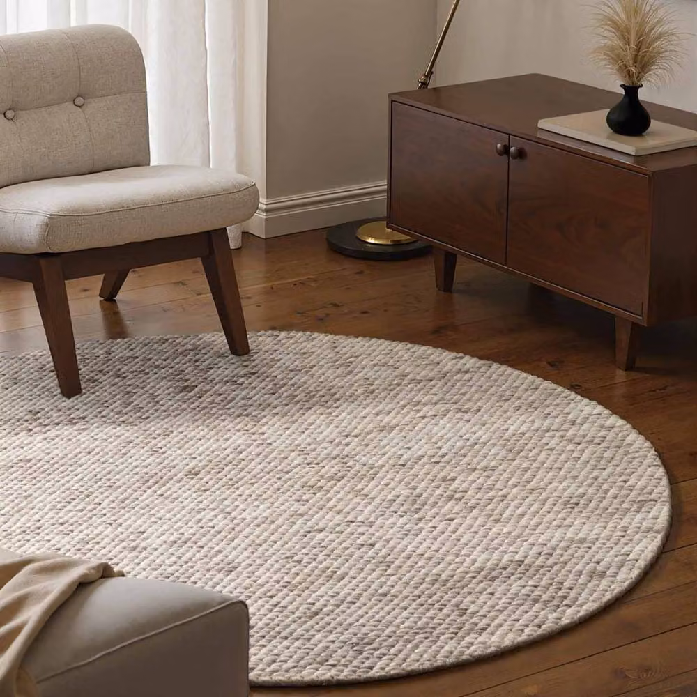 THE RUGS Lyon Handwoven Wool and Cotton Beans Round Rug in Light Beige, Diameter: 160 cm – 3