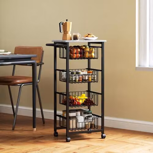HOMCOM 4-Tier Kitchen Trolley with Marble-Effect Top and Castors, Light Grey, W/D/H: 91 x 49.5 x 31 cm – 5