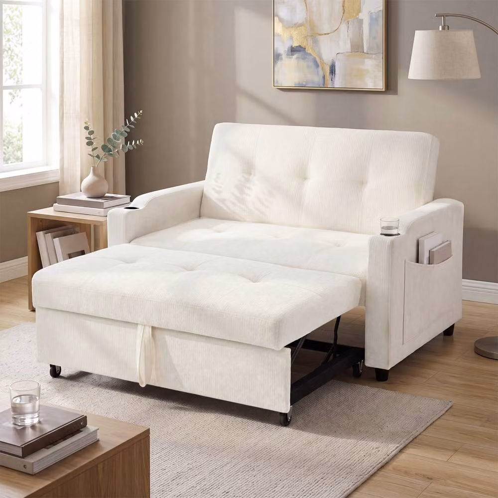 Merax 2-Seater Pull-Out Fabric Sofa Bed in Beige with Cup Holders and USB Charging, W/D/H: 173 x 135 x 58 cm – 3