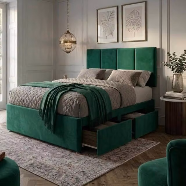 Bed Time UK Plush Velvet Divan Bed with Mattress, 20 Inch Vertical Headboard and 2 Drawers, Green, W/D/H: 90 x 200 cm