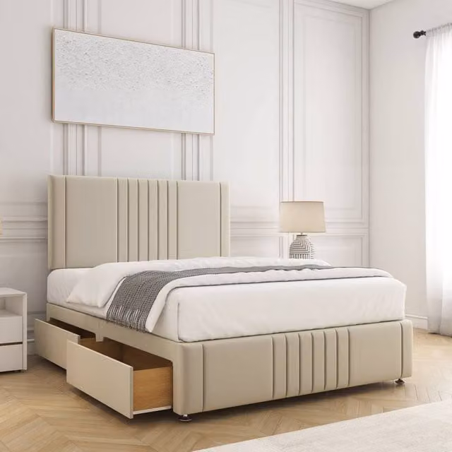 BSSPOKE Hazel Divan Bed with 24 inch Headboard and 2 Drawers in Beige Plush Velvet, Super King, W/D/H: 200 x 200 cm
