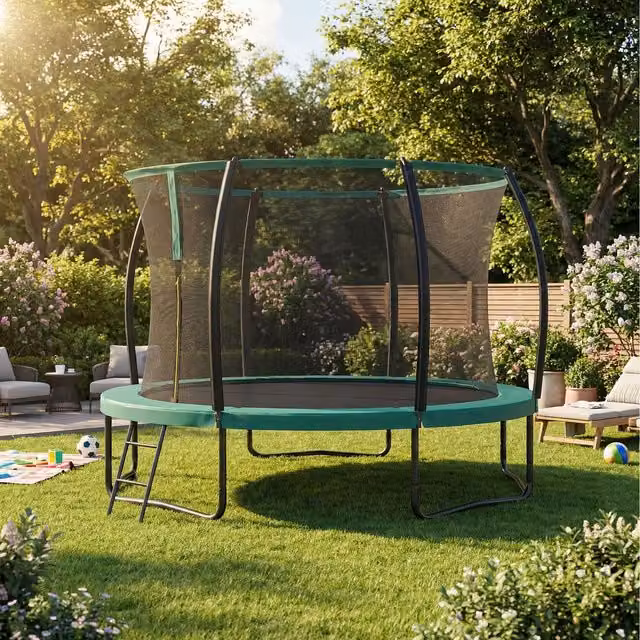 SONGMICS Kids Outdoor Mini Trampoline with Safety Net and Galvanised Steel Frame, Green