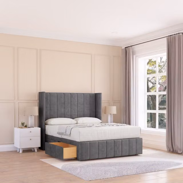 Sloomy Melbourne Plush Wingback Bed Set in Dark Grey, Super King, with 2 Drawers and Floor Standing Headboard