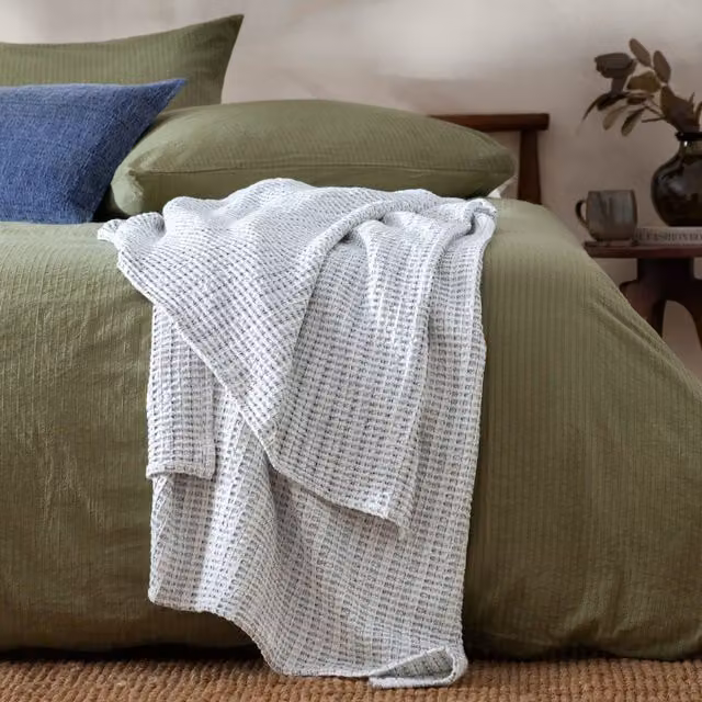 Yard Reversible Blue Waffle Pique 100% Cotton Striped Bedspread W/D/H: 220 x 140 x 140 cm