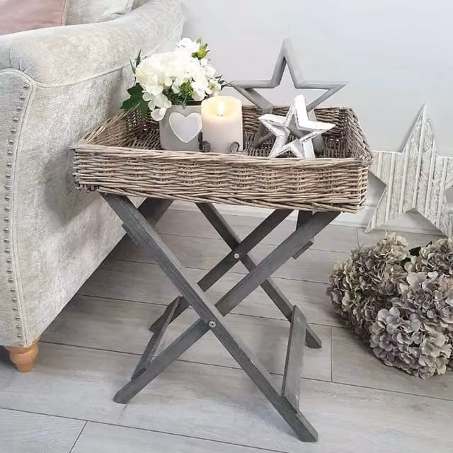 Simple Living Rustic Rattan Side Table with Folding Top in Grey and Brown