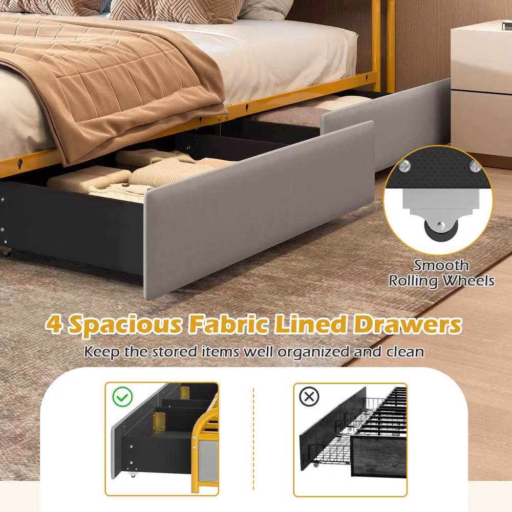 Costway King Size Modern Faux Leather Upholstered Platform Bed with Drawers, USB Charging Port and Under-Bed Lighting, Grey, W/D/H: 180 x 200 cm – 4