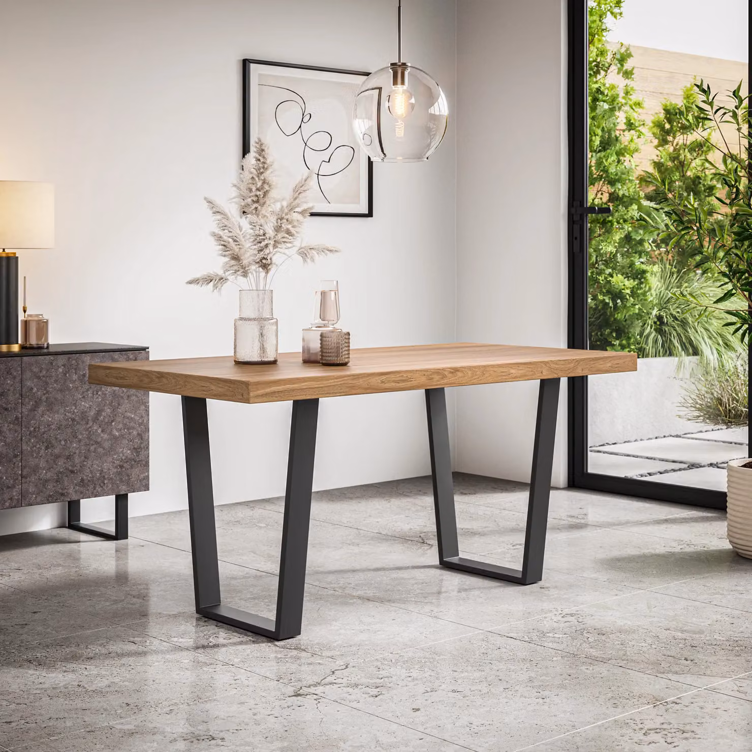 More4Homes Aria Dining Table and Nova Velvet Dining Chair Set of 6, Oak Effect and Yellow – 1