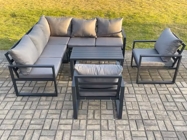 Fimous Modern L-Shape Aluminium Outdoor Garden Furniture Set in Dark Grey with 2-Seater Sofa, Coffee Table and Weather-Resistant Cushions