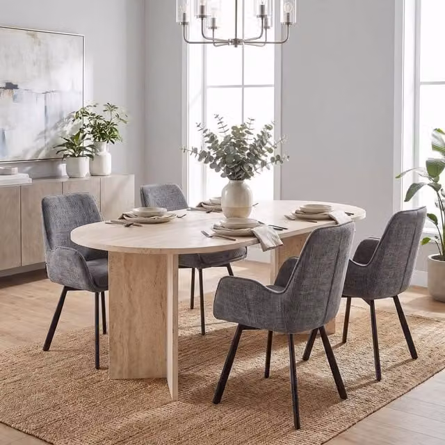 FWStyle 5 Piece Dining Set with Rectangular Travertine Table and 4 Grey Swivel Chairs in Beige, W/D/H: 180 x 90 x 75 cm