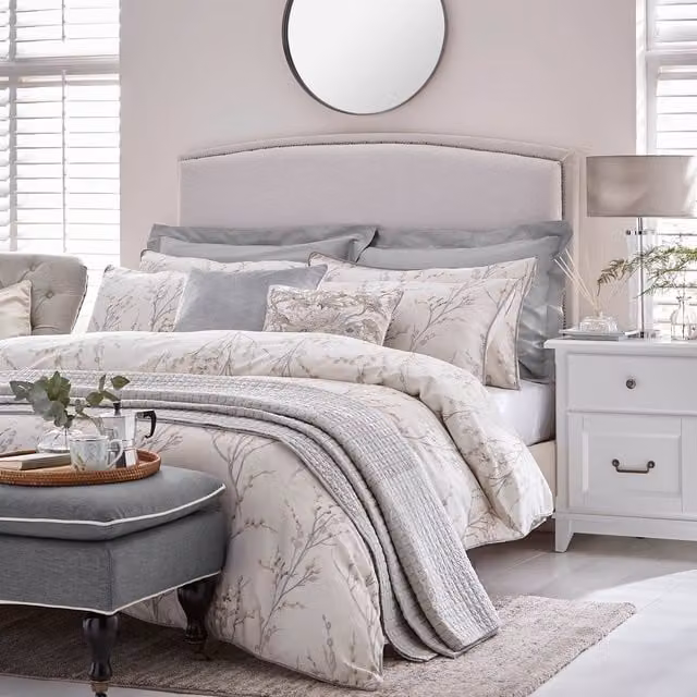 Laura Ashley Pussy Willow Reversible Floral Mako Satin Cotton Duvet Cover and Pillowcase Set in Grey