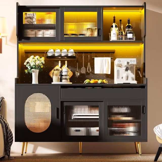 Aosom UK Country-Style Black Sideboard with Fluted Glass Doors and App-Controlled LED Lighting, W: 145 cm, D: 39 cm, H: 171 cm
