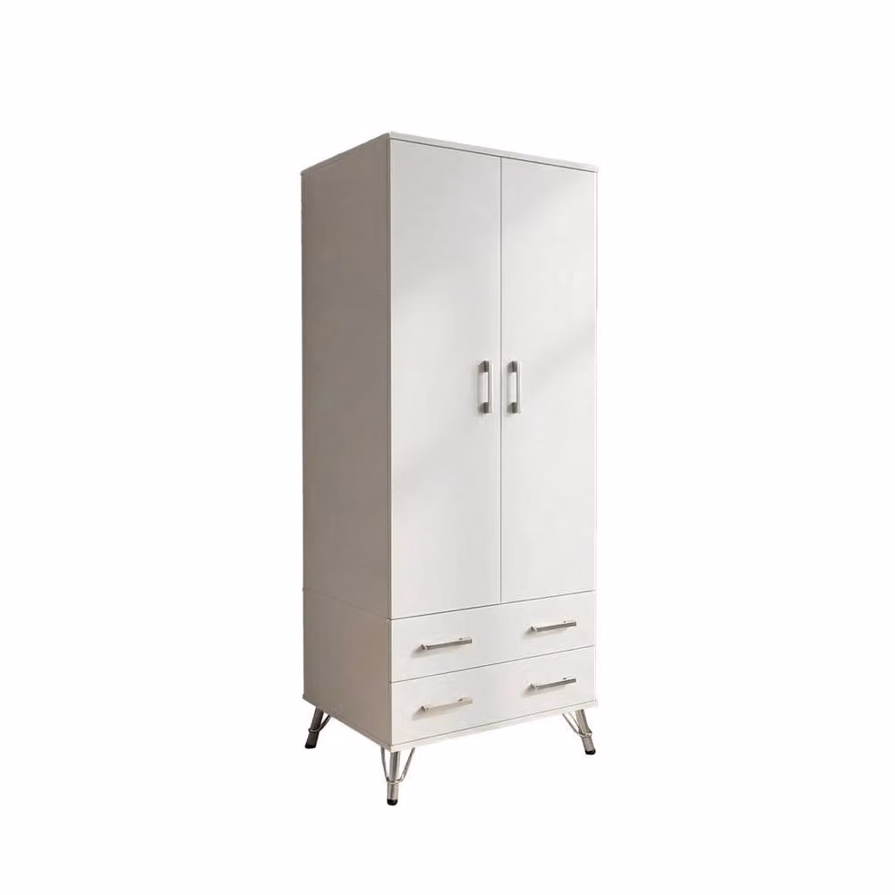 FWStyle Maldon 2 Door Double Wardrobe with 2 Integrated Drawers in Matt White, H: 186 cm, W: 76.5 cm, D: 55 cm – 2