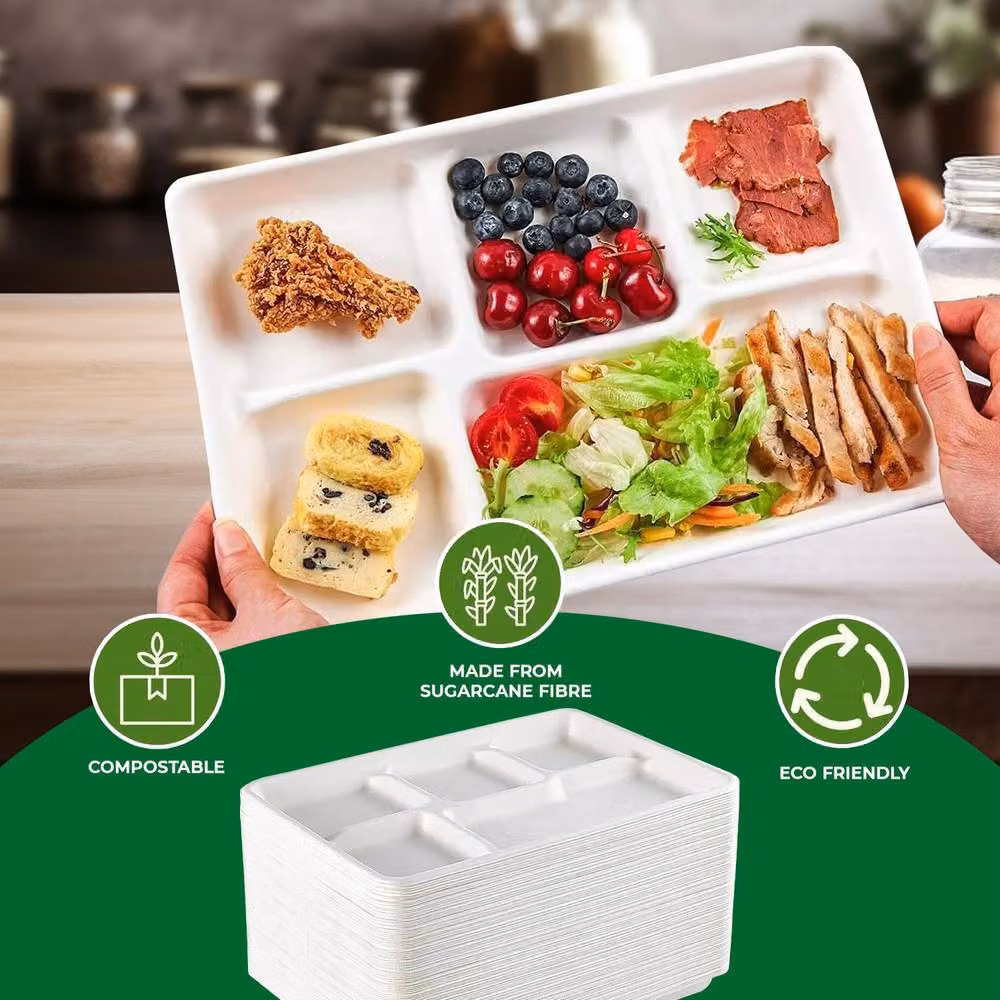 ECONX 200 Pack White Heavy Duty 5 Compartment Bagasse Disposable Serving Plates – 3