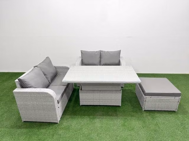 Fimous 5 Seater Rattan Garden Furniture Set in Light Grey with Adjustable Dining Coffee Table and Ottoman