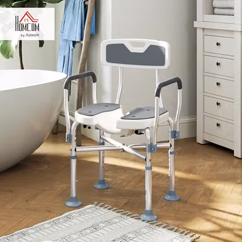 HOMCOM Padded Grey Shower Chair with Hygiene Cut-Out Seat for Seniors, H 91.5 x W 53.0 x D 41.5 cm – 2