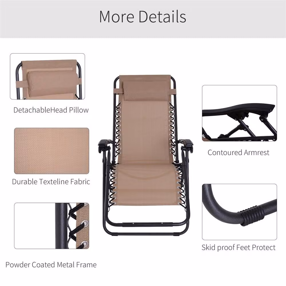 EONLION Beige Reclining Outdoor Lounge Chair with Adjustable Headrest and Steel Frame – 2