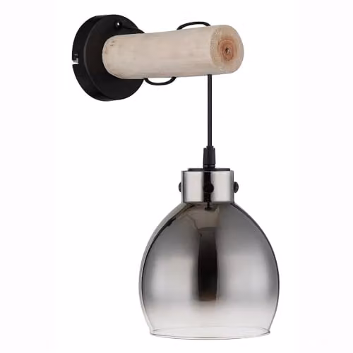 Globo Lighting Wall Lamp in Black and Wood with Grey Glass Shade, H 33 cm