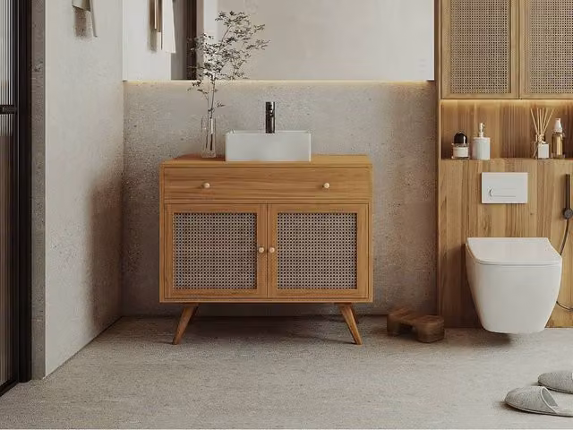 Vente-unique Light Teak and Cane Bathroom Furniture with Ceramic Basin in Light Oak, W: 90 cm