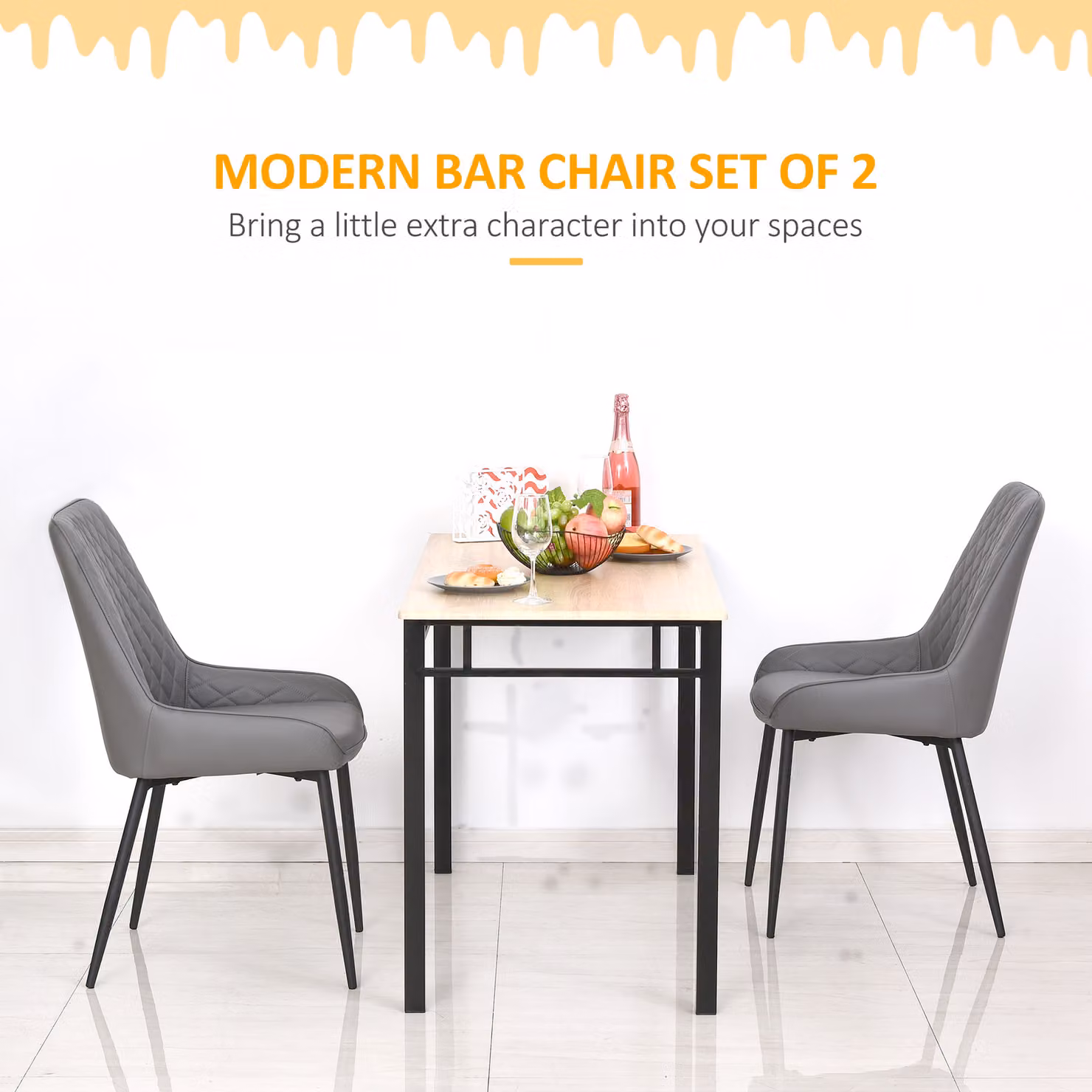 HOMCOM Set of 2 Grey Synthetic Leather Dining Chairs with Metal Frame and High Back – 5