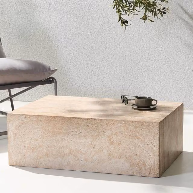 Wyld and Coco Travertine-Effect Rectangular Coffee Table in Beige – 1