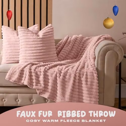 OHS Faux Fur Ribbed Fleece Throw Blanket in Pink, W/D/H: 125 x 150 cm – 2