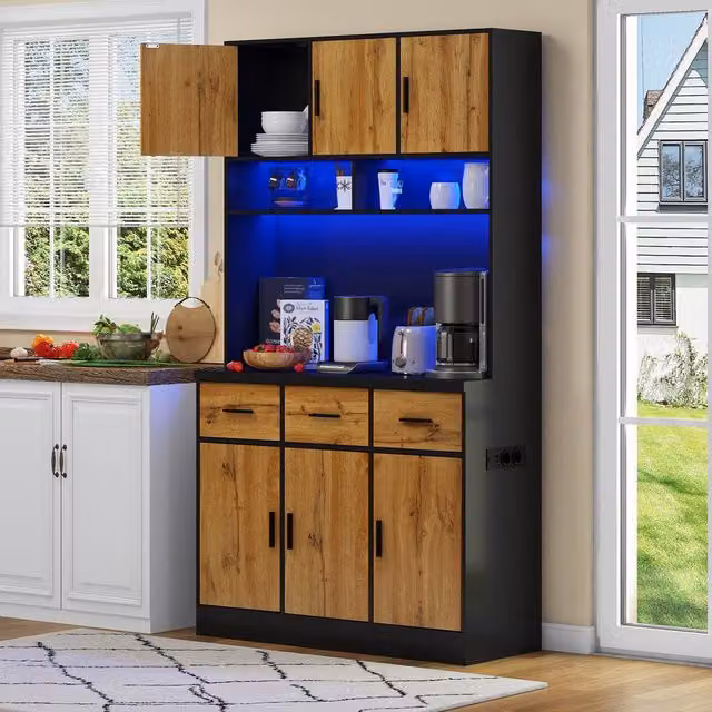 Rolipo Modern Tall Kitchen Pantry Cabinet in Matt Black with LED Lighting and Charging Station, Height: 180 cm