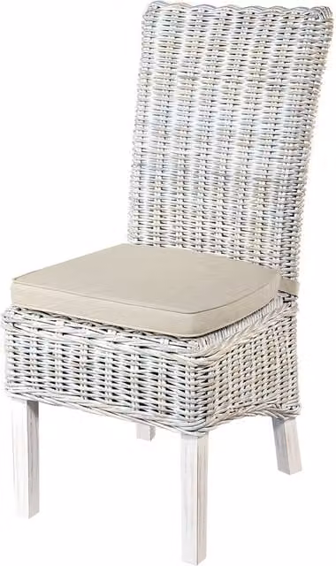 FWStyle Set of 2 Handmade Rattan and Wood Dining Chairs with Grey Fabric Cushions in a Rustic Natural Finish