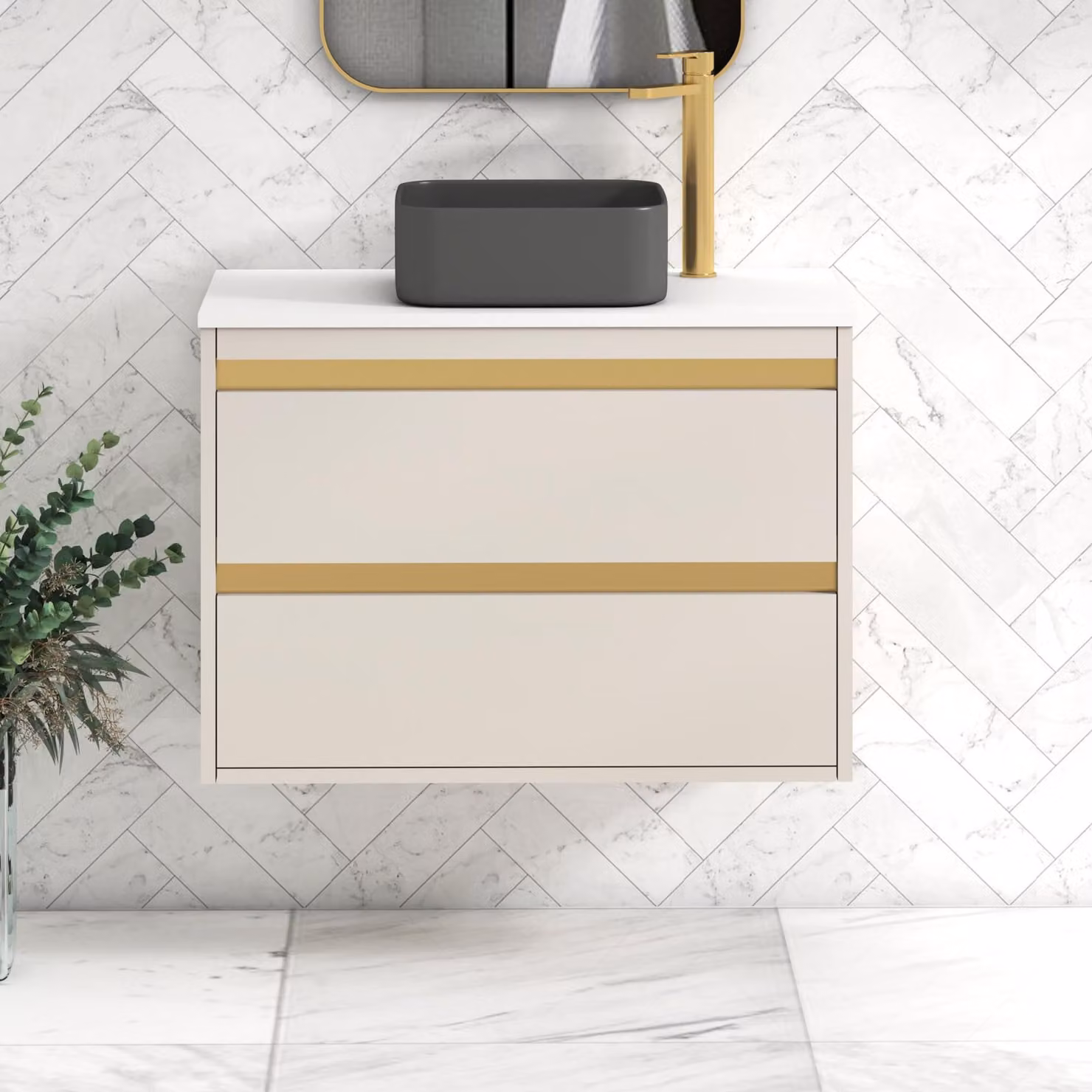 Royal Bathrooms Orion 800mm Warm Taupe Wall Hung Vanity Unit with White Art Square Basin and Brushed Brass Accents