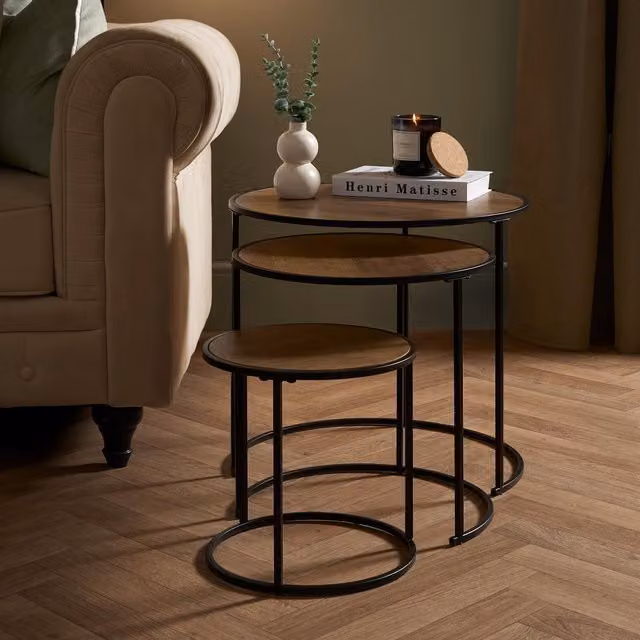 OHS Manhattan Round Nesting Side and Coffee Table Set with Metal Frame in Brown Walnut