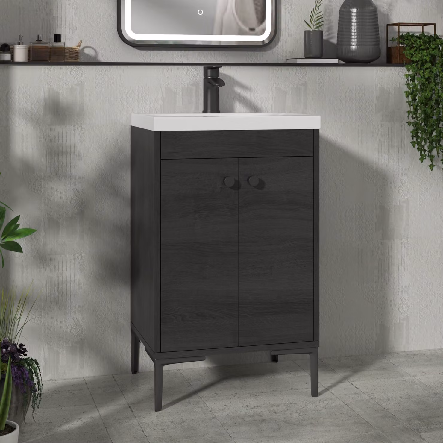 Royal Bathrooms Verona 500mm Black Woodgrain Floor Standing 2 Door Vanity Unit with Mid-Edge Basin and Matt Black Knob