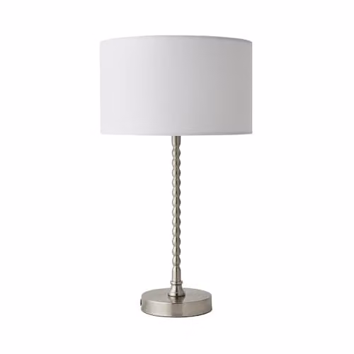 ValueLights Maeve Bobble Table Lamp with White Fabric Shade and Warm White Bulb in Brushed Chrome – 1