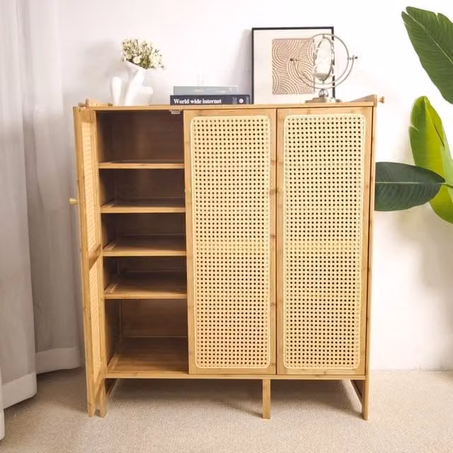 KORVIXA Brown 5-Tier Shoe Storage Cabinet with Rattan Doors and Internal Shelves – 1
