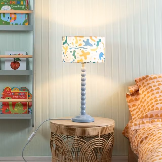 ValueLights Blue Bobbin Stem Table Lamp with Fabric Cylinder Shade – 1