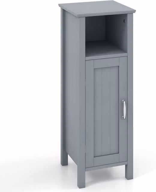 Costway Grey Freestanding Narrow Bathroom Floor Cabinet with Hinged Doors and Internal Shelves