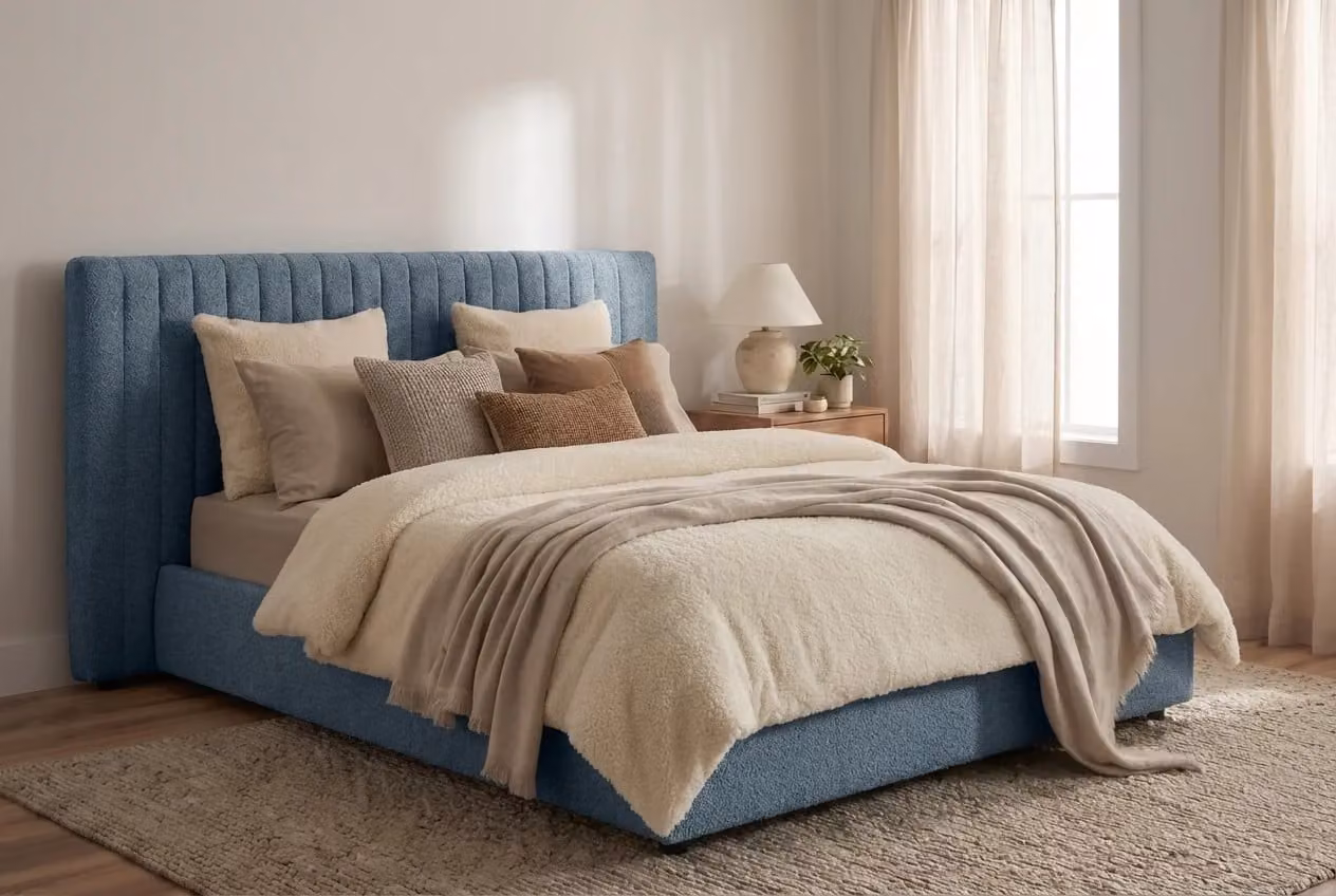 Araco Atelier Haven Upholstered Spindle Bed in Beige or Blue Fabric