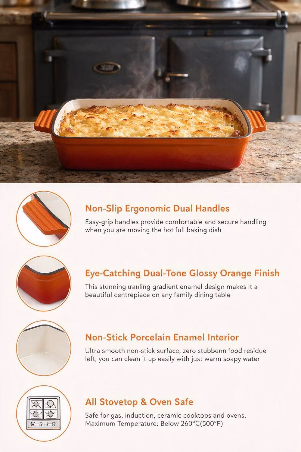 ExtraStar Enamelled Cast Iron Rectangular Oven Dish with Lid and Dual Handles in Orange – 4