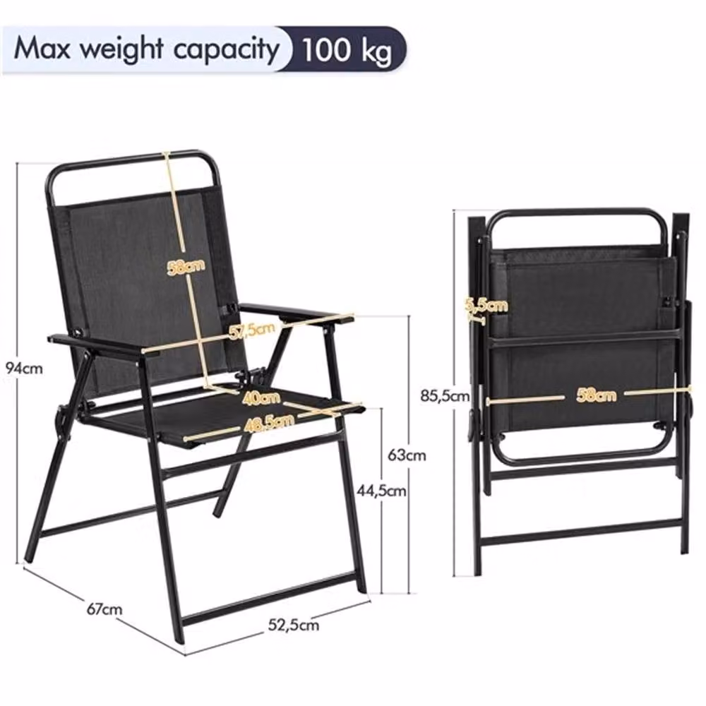 Kelvenix Set of 2 Black Foldable Outdoor Dining Chairs with Texteline and Metal Frame – 2