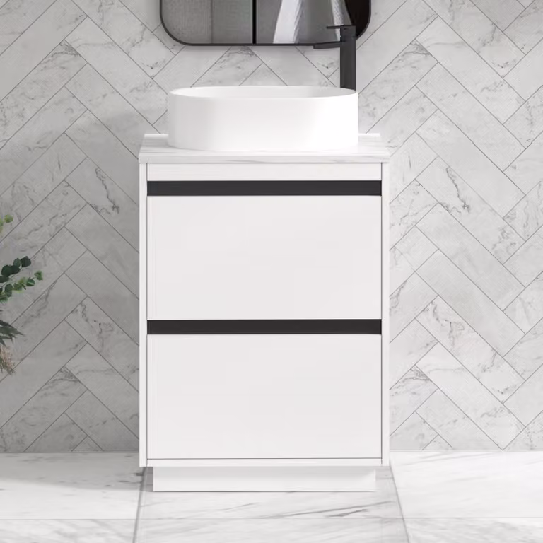 Royal Bathrooms Orion 600mm Matt White Floor Standing Countertop Vanity Unit with 2 Drawers, Peak Basin and Black Accent Trim