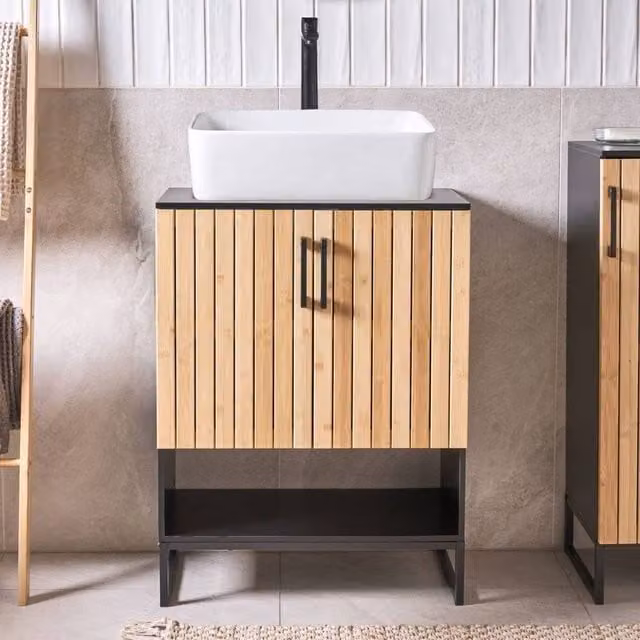 Wyld and Coco Wall Mounted Bamboo Bathroom Cabinet in Light Brown and Matte Black Steel – 1