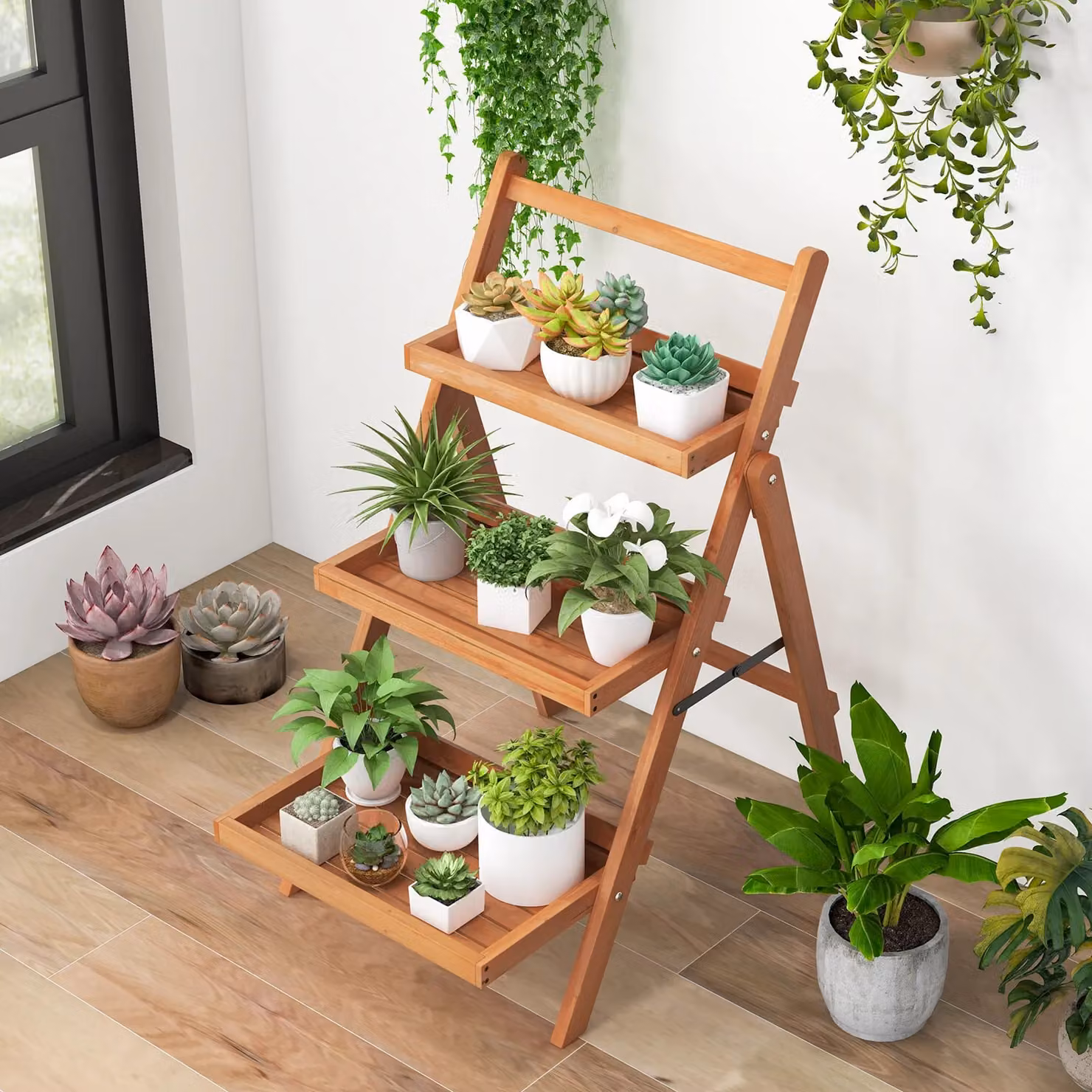Costway 3-Tier Foldable Plant Stand and Flower Display Shelf in Brown or Beige Lacquered Wood – 2