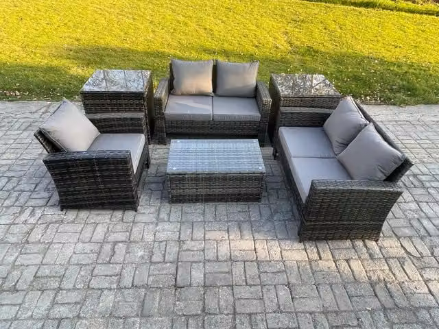 Fimous 5 Seater Rattan Garden Furniture Set with Rectangular Coffee Table and 2 Side Tables in Dark Grey Mixed