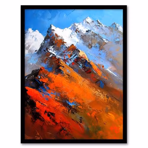 Artery8 Himalayan Mountain Range Palette Knife Abstract Landscape Framed Wall Art Print, W/H: 21.0 x 29.7 cm – 1