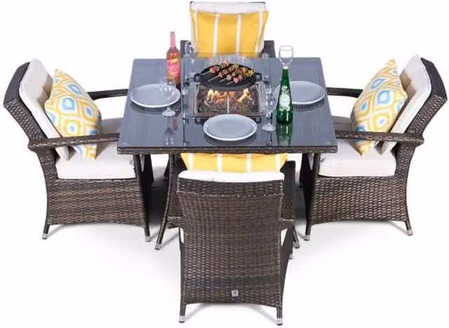 Thats Furniture Arizona 4 Seater Square Rattan Dining Set with Fire Pit in Brown