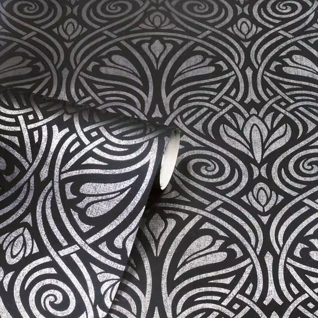 Arthouse Abstract Floral Classic Vinyl Wallpaper in Black, Silver and Grey