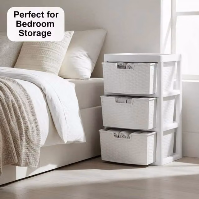 FORGEVIO 3 Tier Large Plastic Rattan Storage Drawer in White – 1