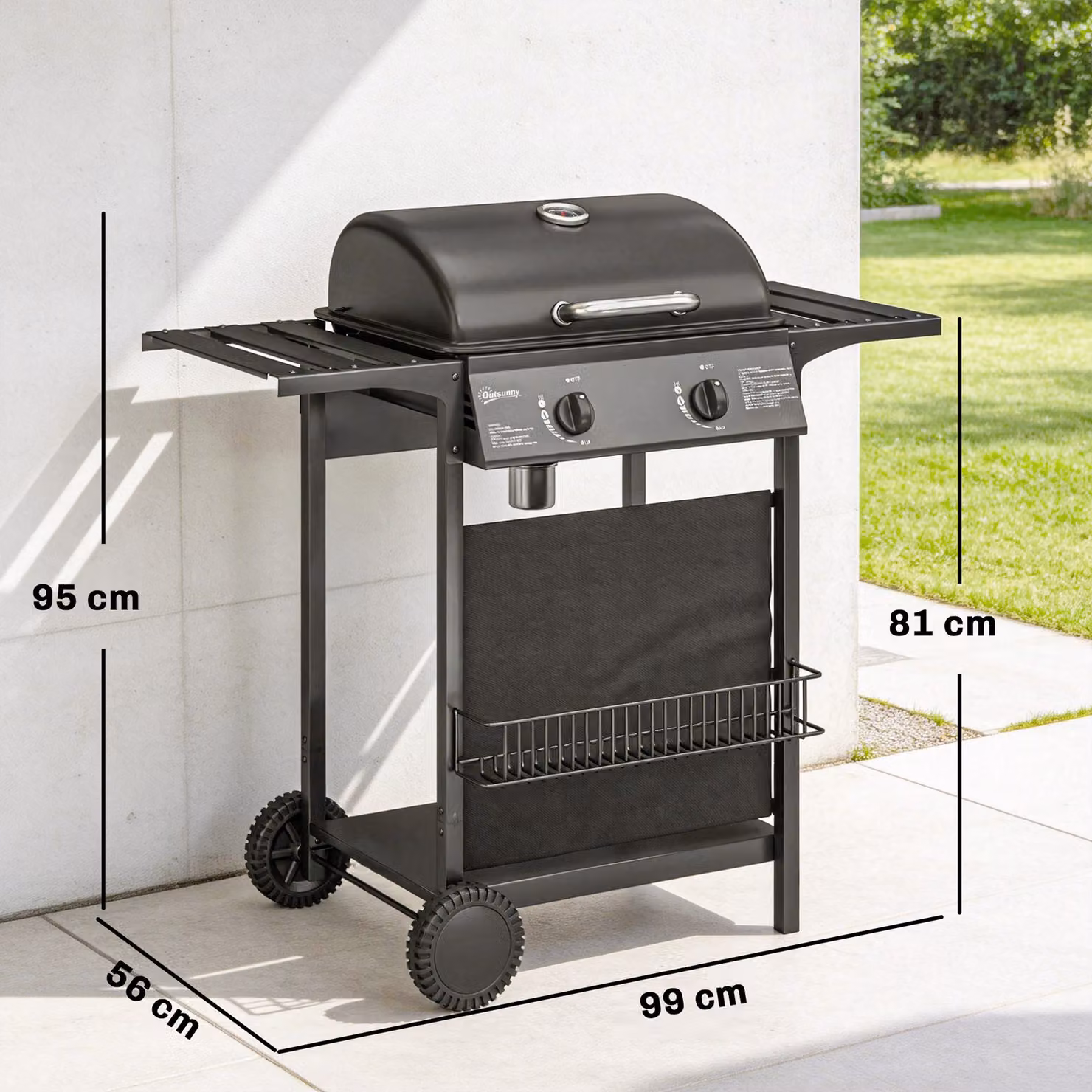 Outsunny 2 Burner Gas Barbecue Grill with Side Tables, Warming Rack, Thermometer and Wheels, Black – 3