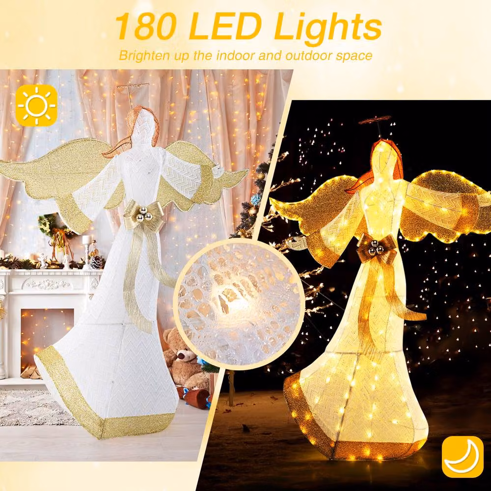 Costway Lighted Angel Christmas Decoration with Halo and Bow in White – 6