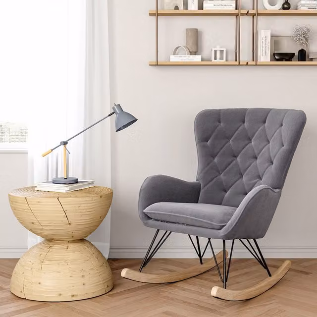 Livingandhome Mid-Century Velvet Upholstered Rocking Armchair with Armrests in Grey