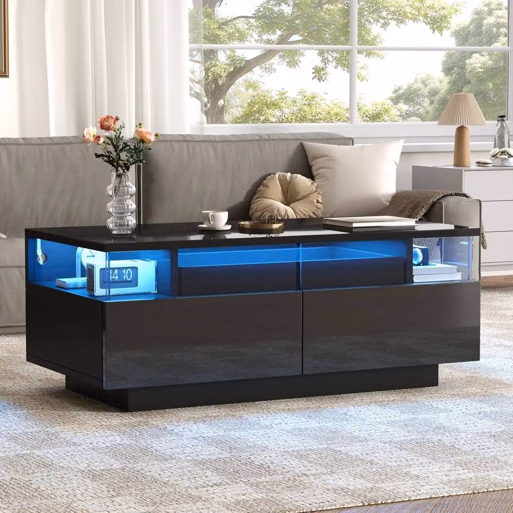 KORVIXA Modern Black and Transparent Glossy Coffee Table with Glass Top, W/D/H: 100 x 100 x 50 cm – 2